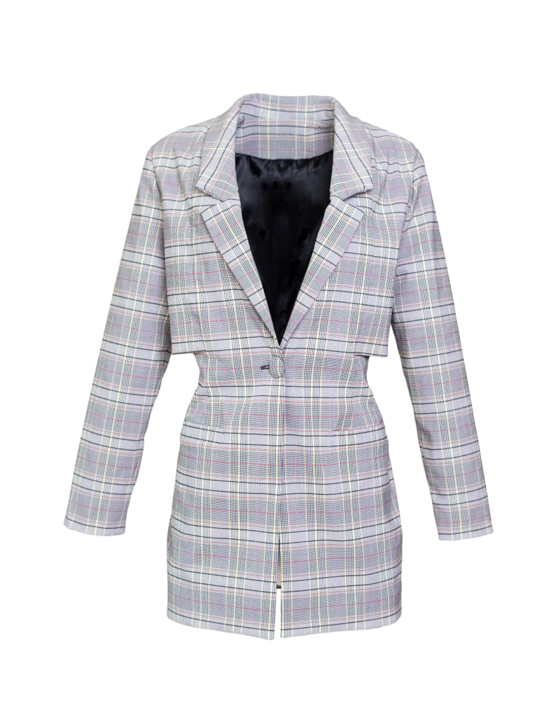 Front of a size XL Plaid Cape Blazer in Light Grey by Hilary MacMillan. | dia_product_style_image_id:284708